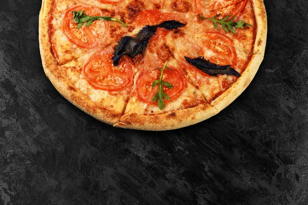 Tasty Pizza Black Concrete Background Top View Hot Pizza Copy — Stockfoto