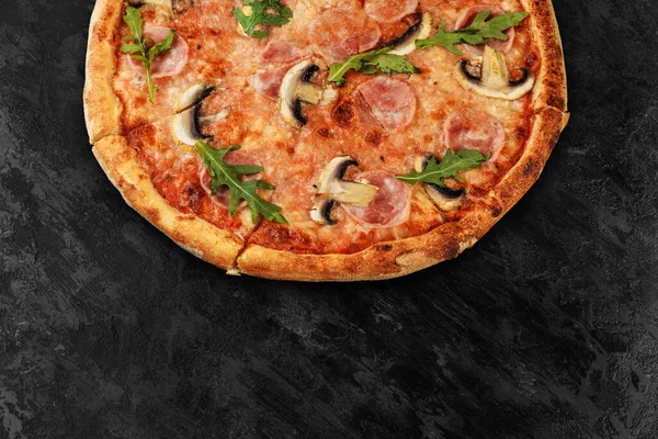 Tasty Pizza Black Concrete Background Top View Hot Pizza Copy — Stockfoto