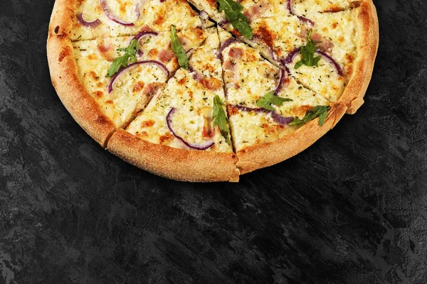 Tasty Pizza Black Concrete Background Top View Hot Pizza Copy — Stockfoto