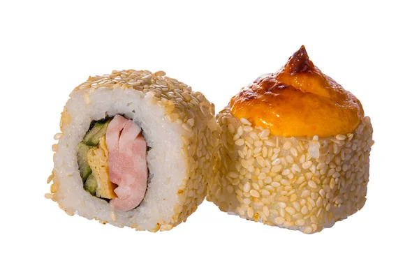 Par Rolo Sushi Fundo Branco Fechar Deliciosa Comida Japonesa Com — Fotografia de Stock