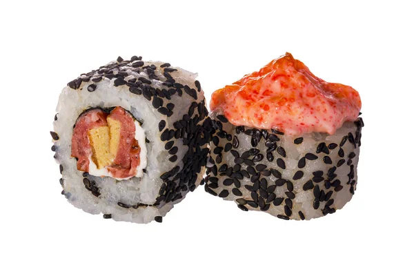 Par Rolo Sushi Fundo Branco Fechar Deliciosa Comida Japonesa Com — Fotografia de Stock