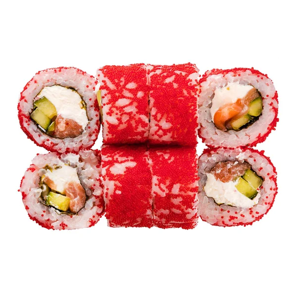 Six Sushi Roll White Background Closeup Delicious Japanese Food Sushi — Foto Stock