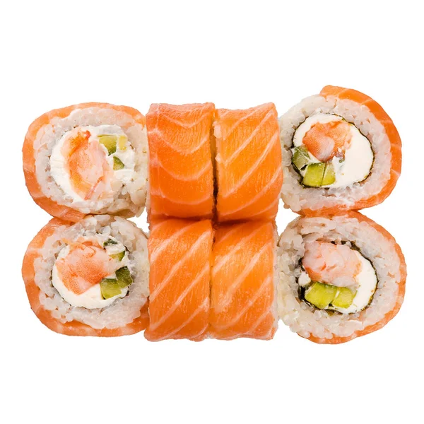 Beyaz arka planda 6 miligram suşi. Sushi dürümlü lezzetli Japon yemeklerini yakından çek. Üst görünüm