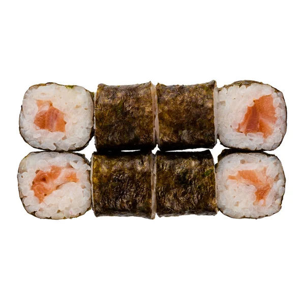 Hat Szusi Tekercs Fehér Alapon Szekrény Finom Japán Ételeket Sushi — Stock Fotó