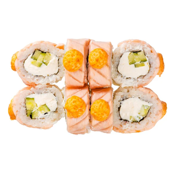 Six Sushi Roulent Sur Fond Blanc Gros Plan Délicieux Plats — Photo