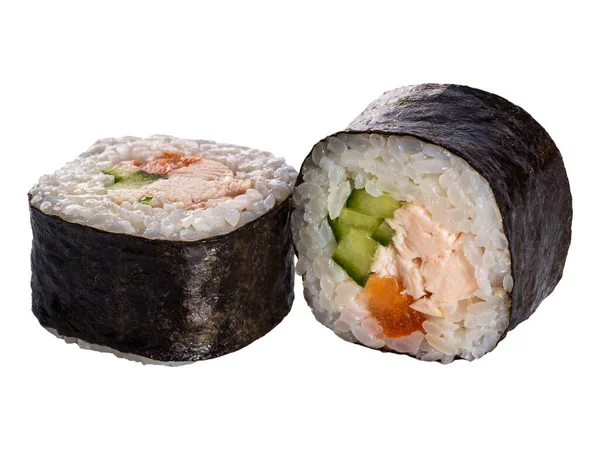 Beyaz arka planda bir çift suşi rulosu. Suşi dürümlü lezzetli Japon yemeklerini yakından çek..