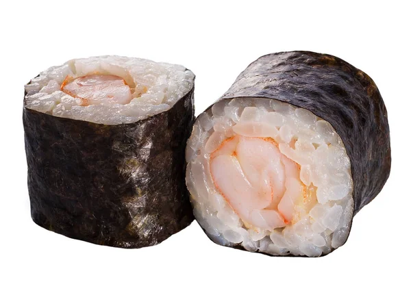 Beyaz arka planda bir çift suşi rulosu. Suşi dürümlü lezzetli Japon yemeklerini yakından çek..