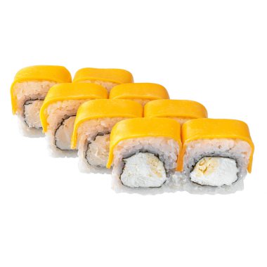 Suşi beyaz arka planda. Suşi dürümlü lezzetli Japon yemeklerini yakından çek..