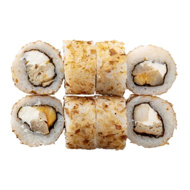 Beyaz arka planda 6 miligram suşi. Sushi dürümlü lezzetli Japon yemeklerini yakından çek. Üst görünüm
