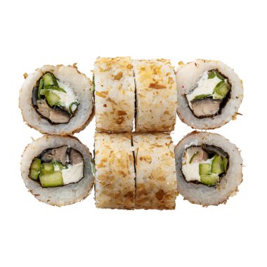 Beyaz arka planda 6 miligram suşi. Sushi dürümlü lezzetli Japon yemeklerini yakından çek. Üst görünüm