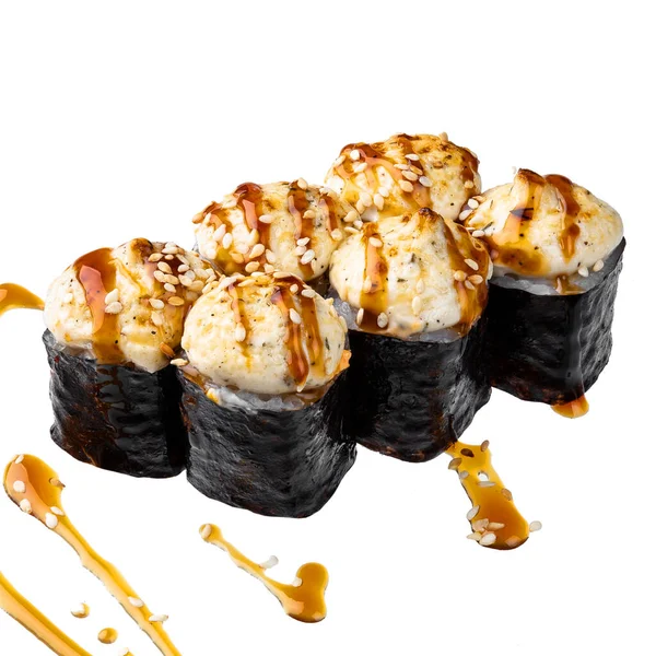 Sushi Set White Background Closeup Delicious Japanese Food Sushi Roll — Stock Photo, Image