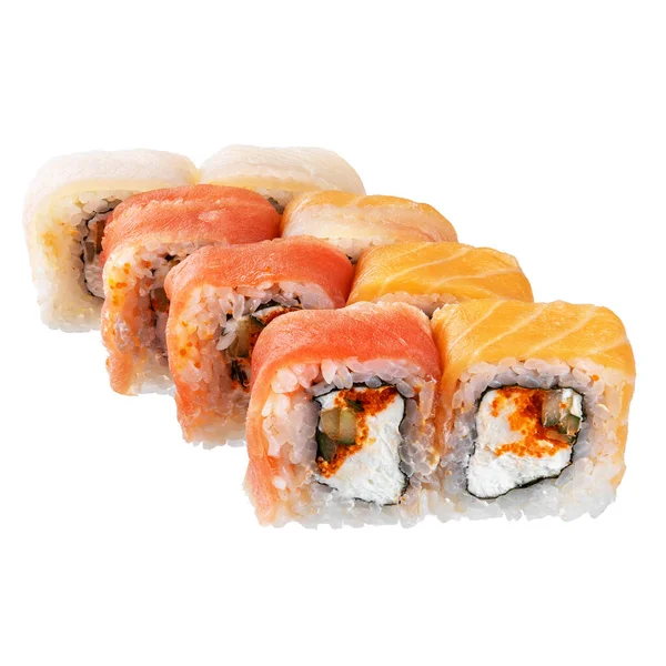 Sushi Sur Fond Blanc Gros Plan Délicieuse Nourriture Japonaise Avec — Photo