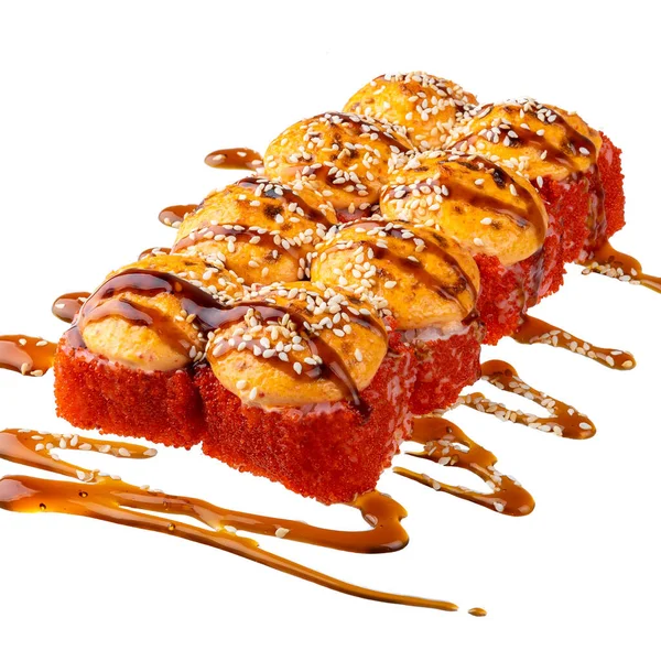 Sushi Set White Background Closeup Delicious Japanese Food Sushi Roll — стоковое фото