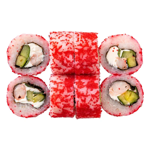 Six Sushi Roll White Background Closeup Delicious Japanese Food Sushi — Foto Stock