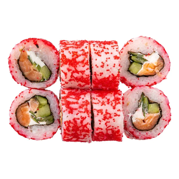 Six Sushi Roll White Background Closeup Delicious Japanese Food Sushi — Foto Stock