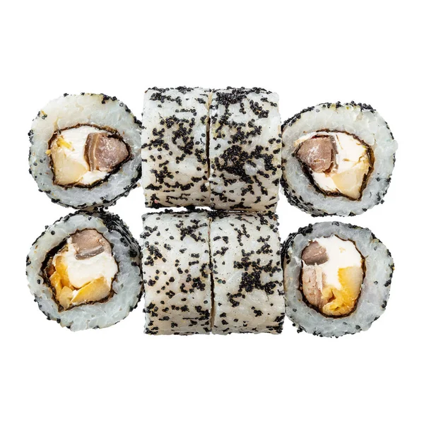 Six Sushi Roll White Background Closeup Delicious Japanese Food Sushi — Foto Stock