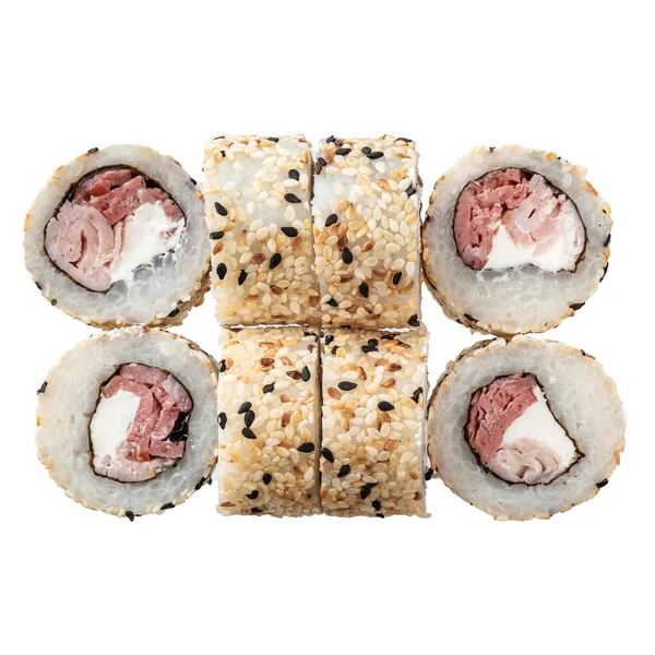 Six Sushi Roll White Background Closeup Delicious Japanese Food Sushi — Foto Stock