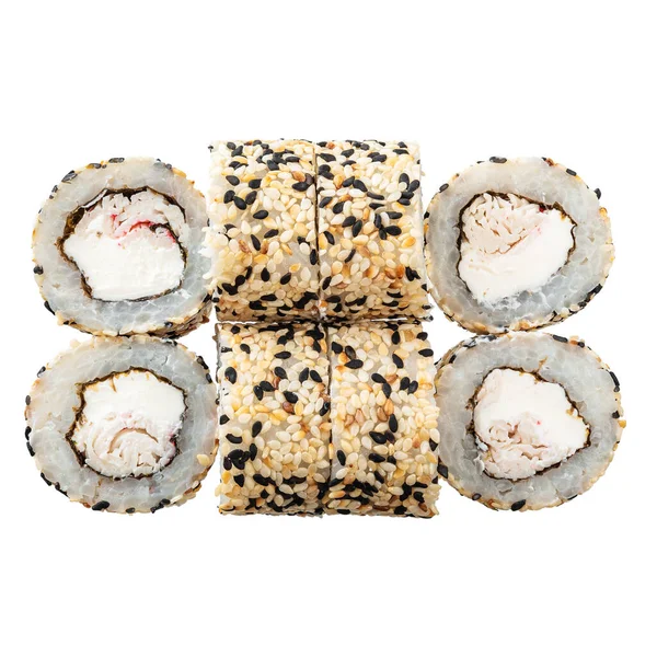 Sei Sushi Rotolano Sullo Sfondo Bianco Primo Piano Delizioso Cibo — Foto Stock