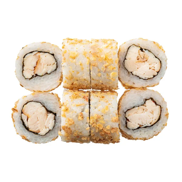 Six Sushi Roll White Background Closeup Delicious Japanese Food Sushi — Foto Stock