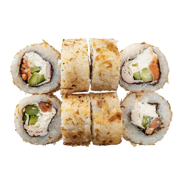 Six Sushi Roulent Sur Fond Blanc Gros Plan Délicieux Plats — Photo