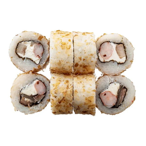 Six Sushi Roll White Background Closeup Delicious Japanese Food Sushi — Foto Stock