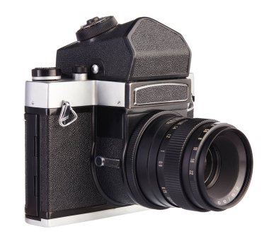 Eski Sovyet refleksi orta formatlı film kamerası, SSCB 'de beyaz arka planda yayınlandı..