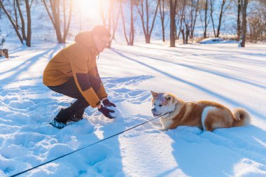 Park yerinde Akita Inu köpeği olan genç adam. Karlı kış arkaplanı. Güneşli bir gün. Bir adamla köpek arasındaki arkadaşlık kavramı..
