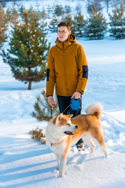 Junger Mann Mit Akita Inu Hund Park Verschneite Winterlandschaft Sonniger — Stockfoto