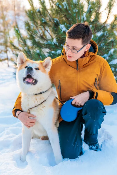 Молодий Чоловік Собакою Акіта Іну Парку Сніжний Зимовий Фон Сонячний — стокове фото