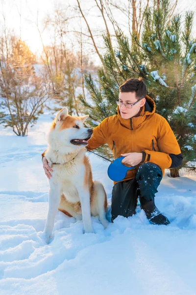 Junger Mann Mit Akita Inu Hund Park Verschneite Winterlandschaft Sonniger — Stockfoto