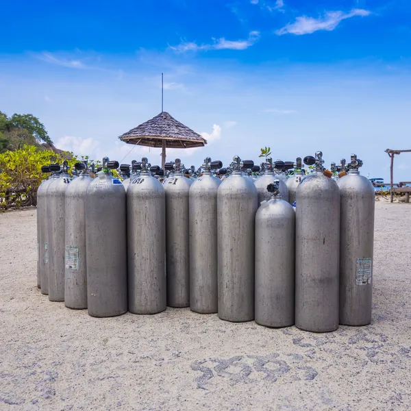 Many of Metal scuba diving oxygen tanks — Stock Photo, Image