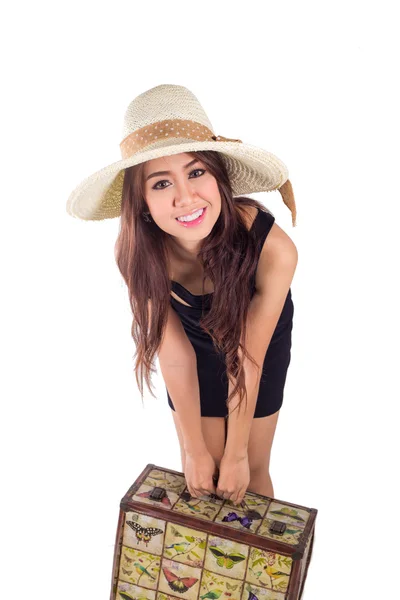 Young asian woman with bag for travel closeup — Stock Photo, Image