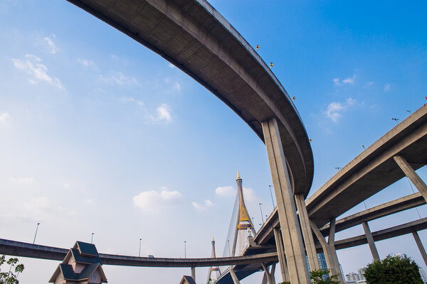 Concrete highway overpass Bhumibol Bridge in Thailand