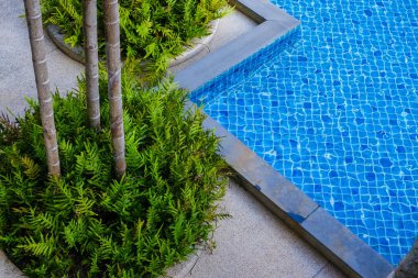 Yüzme havuzu mavi su manzaralı otel arka planı