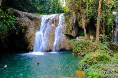 Ormanın derinliklerindeki cennet şelalesi turkuaz su Phayao Tayland