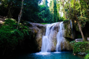 Ormanın derinliklerindeki cennet şelalesi turkuaz su Phayao Tayland