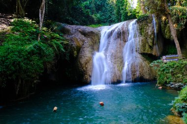 Ormanın derinliklerindeki cennet şelalesi turkuaz su Phayao Tayland