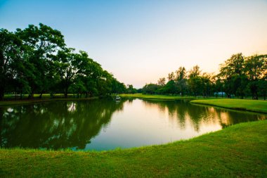 Yeşil park günbatımı Gölet Parkı gökyüzü doğa yeşillik manzarasını bulutlandırır