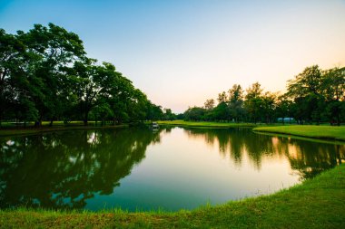 Yeşil park günbatımı Gölet Parkı gökyüzü doğa yeşillik manzarasını bulutlandırır