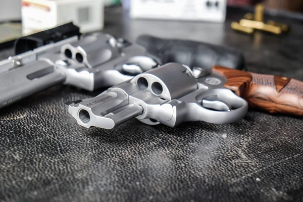 Rövid Hosszú Csövű Magnum Revolver Rozsdamentes Acél Pisztoly Személyes Védelmi — Stock Fotó