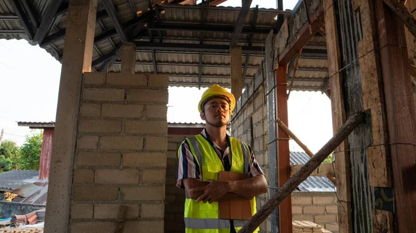 Foreman Inspecionar Construção Local Construção Casa Projeto Habitação — Fotografia de Stock