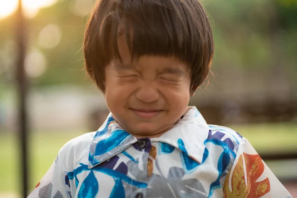 Adorable Little Asian Boy Smiling While Playing Outdoor Park Sunset — Stock Photo, Image