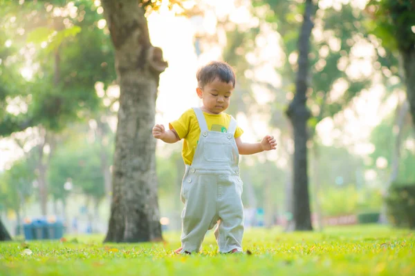 Peuter Baby Jongen Praktijk Wandelen Het Stadspark Avonds Zonsondergang Boom — Stockfoto