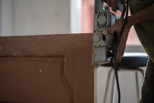 Carpintero Trabajando Artesanía Madera Taller Para Producir Material Construcción Casa — Foto de Stock