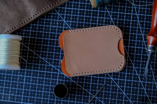 Genuine leather card wallet making with thread and craft tool craftmanship working