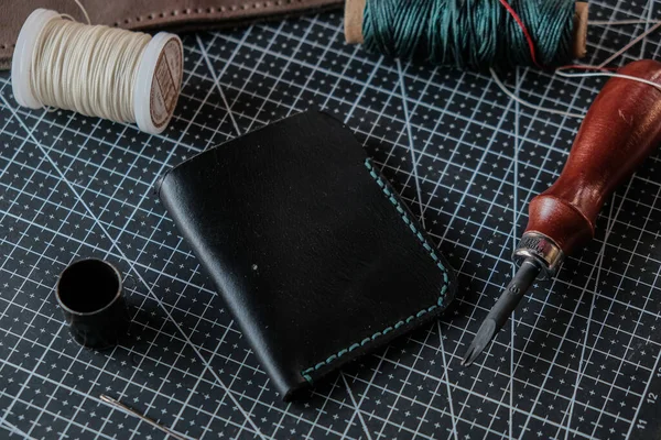 Genuine leather card wallet making with thread and craft tool craftmanship working