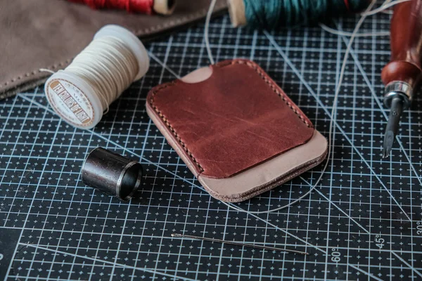 Genuine leather card wallet making with thread and craft tool craftmanship working