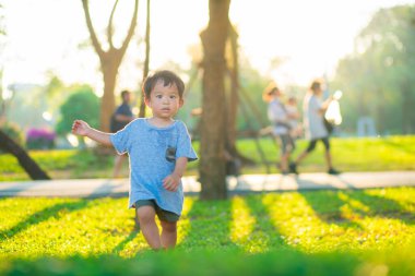 Parkta yeşil çimlerde oynayan sevimli küçük çocuk. Gün batımı doğada hafif çocuk.