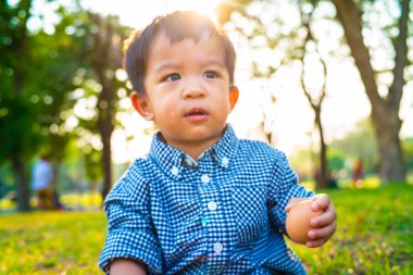 Sevimli çocuk inder ağacında oturuyor yaz parkının gün batımında oyuncak oynuyor.