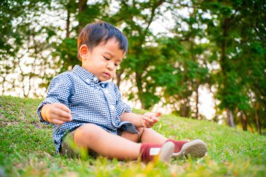 Sevimli çocuk inder ağacında oturuyor yaz parkının gün batımında oyuncak oynuyor.